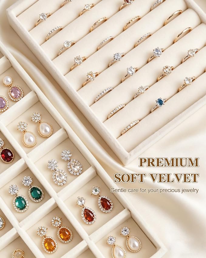 Velvet Jewelry Drawer Organizer Trays Set - 4-Layer Stackable Jewelry Storage Inserts for Earrings, Rings, Necklaces, Bracelets, Removable Dividers Display Case, Dresser Vanity, Gift for Women