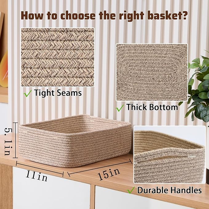MiniArk Large Shallow Organizing Baskets 15x11x5.1 Inches - Rope Woven Storage Bins for Bathroom, Shelves, Cube Closet, Mixed Brown 3 Packs