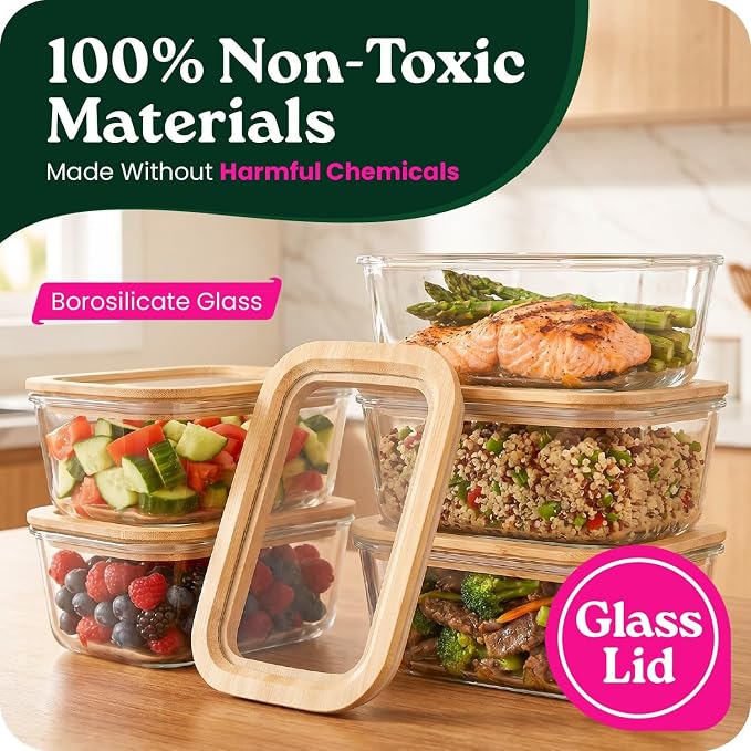 6-Pack Glass Food Storage Containers with Clear-Top Bamboo Lids – Plastic Free 27 Oz Glass Meal Prep Containers for Lunch, Eco Friendly Airtight Food Storage, Microwave & Oven Safe