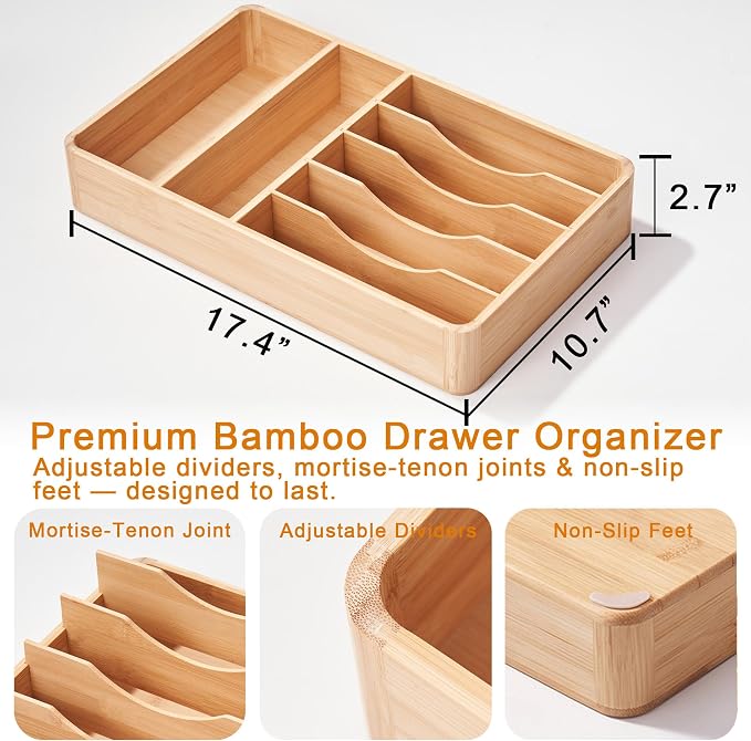 Silverware Drawer Organizer - Bamboo Tray for Cutlery, Flatware & Utensil Holder for Kitchen Drawers, Fixed 10.5" Width, 7 Storage Compartments, Non-Slip Feet, Rounded Corners, 100% Natural Plant