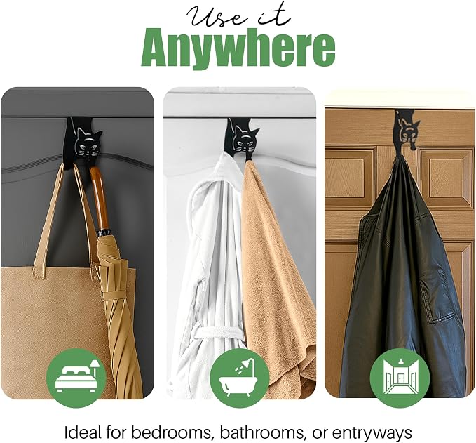 Evelots Cat Over The Door Hooks for Hanging - Black - Over The Door Organizer - Strong Metal Hooks