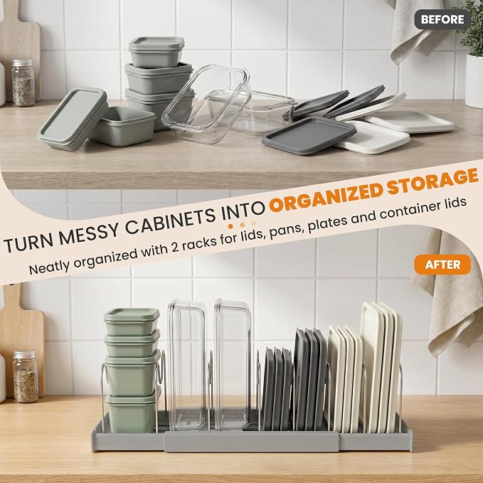 2 Pack Expandable Pot Lid Organizers with 10 Adjustable Dividers | 12.6-22.4 Inch Pots and Pans Organizer Rack Under Cabinet, Countertop, Pan Lids, Bakeware, Food Container Lids, Grey
