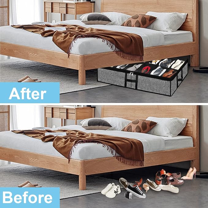 Under Bed Shoe Organizer Storage for Closet 2 Pack- Fits 24 Pairs Underbed Shoes Container Boxes with H Shap Sturdy Handles and Clear Window,Foldable Shoe Rack Holder,Black