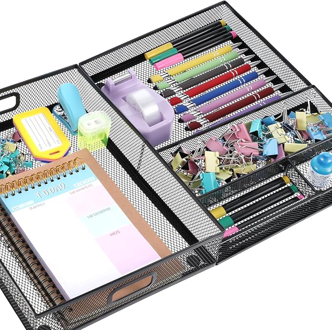Desk Drawer Organizer, Office Drawer Divider Organizer Tray 3 Pack, Metal Mesh Desktop Organization and Accessories for Stationery Makeup Kitchen Toolroom Office