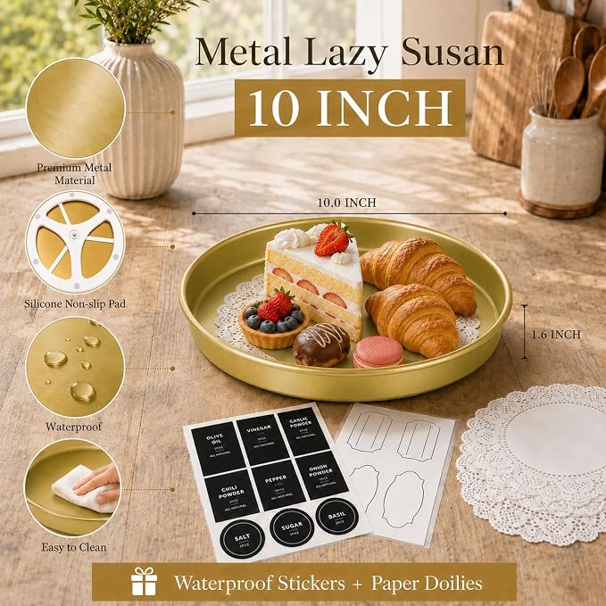 Amolliar 10" Metal Lazy Susan Organizer, Gold 2 Pack, Spice Turntable Tray | Metal 360 Rotating Turntable Organizer For Kitchen, Fridge, Pantry Cabinet Counter, Condiment Rack, Table Decor, Gold 2 Pack