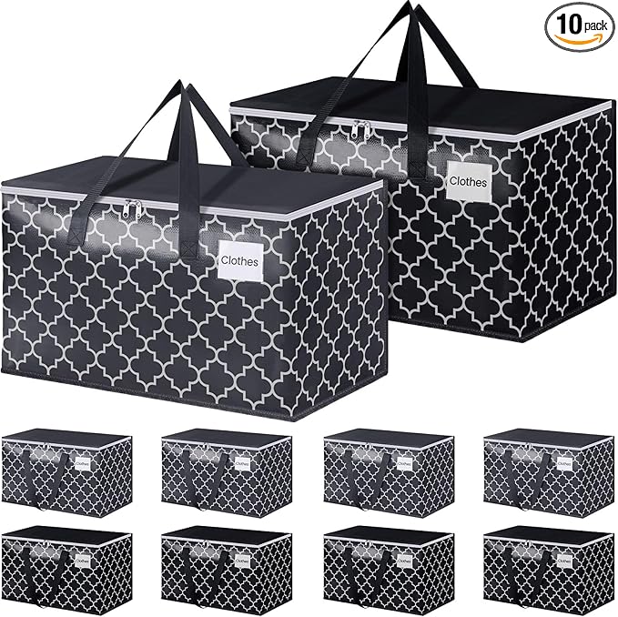 Extra Large Moving Bags, Heavy-Duty Storage Totes with Zipper Top and Sturdy Handles, Moving Supplies for Space Saving and Packing, Collapsible Storage Bags, Black & Gray, 100L, 10-Pack