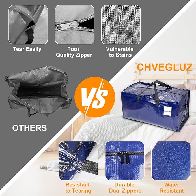 CHVEGLUZ 4 Packs Moving Bag Heavy Duty Extra Large,Storage Bags with Zipper&Handles, Sturdy&Durable Clothes Storage Bag Totes for College Dorm Essentials, Moving Boxes for College Supplies, Blue