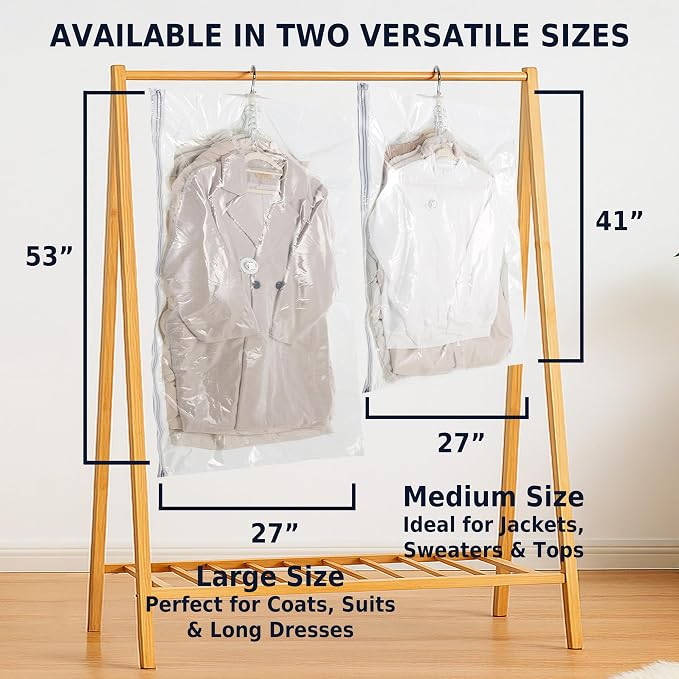 Hanging Vacuum Storage Bags for Clothes, Vacuum Seal Bags for Clothes with 5 Rings Each, Waterproof Compression Bags for Coats, Suits & Jackets, Space Saver Organizer, 4 Pack (41 x 27 in & 53 x 27 in)