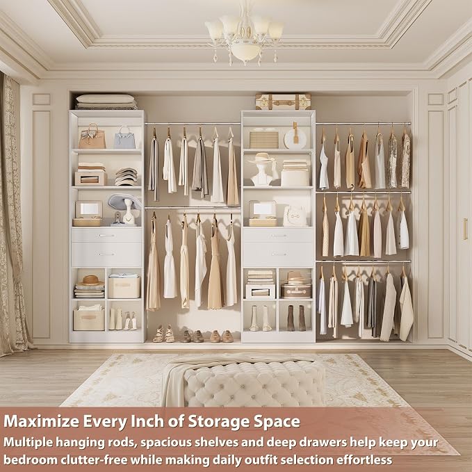 Besiost Closet System, 7.4ft-10ft with 4 Wooden Drawers and 5 Hanging Rods, Can Fit 88 to 123 inch Walk-in Closet System, White