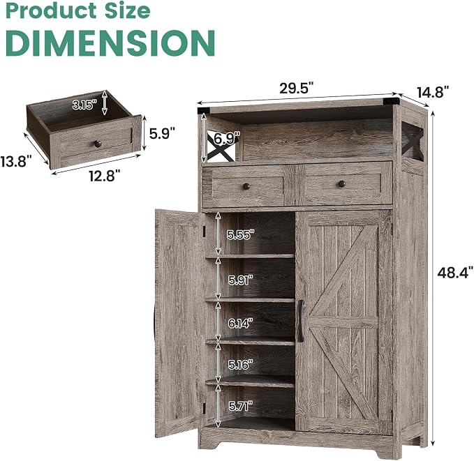 Maupvit Shoe Cabinet with Doors, 6-Tier Farmhouse Shoe Storage Cabinet with 2 Drawers & Adjustable Shelves, Shoe Cabinet Storage for Entryway, Wood Shoe Rack Organizer for Living Room Foyer Hallway