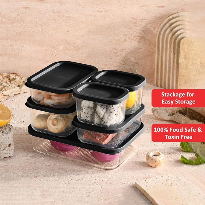 EATEX 12 Pack Glass Meal Prep Containers with Grooved Base, 12 Stackable BPA Free Glass Storage Containers with Lids for Lunch, Pantry, and Kitchen - Microwave, Dishwasher Freezer & Oven Safe - Black