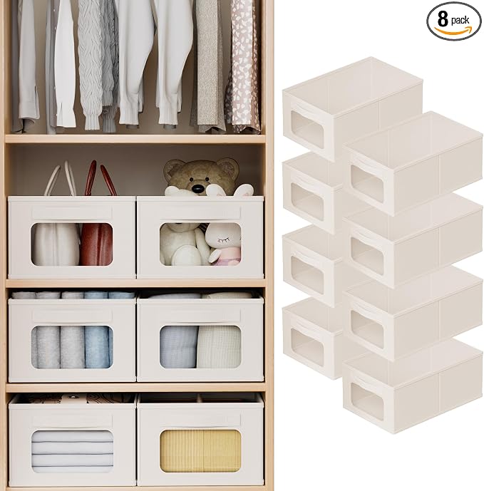 Linen Closet Organizers and Storage 8 Packs-Fabric Storage Bins with Clear Windows,Closet Baskets for Organizing Clothes, Pants, Towels