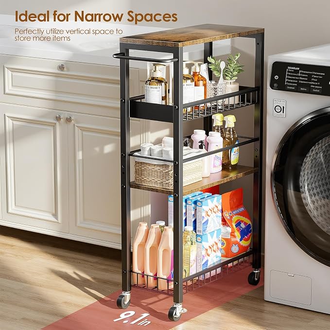 Slim Rolling Storage Cart, 4 Tier Narrow Storage Cart, 9.1in(W) | Metal Kitchen Rolling Cart for Small Spaces, Narrow Shelf for Kitchen, Laundry Room, Bathroom, Living Room