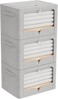 FHSQX 3 Pack Clothes Storage Bins Foldable Metal Frame Storage Box Extra Large Stackable Linen Fabric Organizer Set with Carrying Handles and Clear Window (Light Gray, 23.6x16.5x15.7inch(100L))