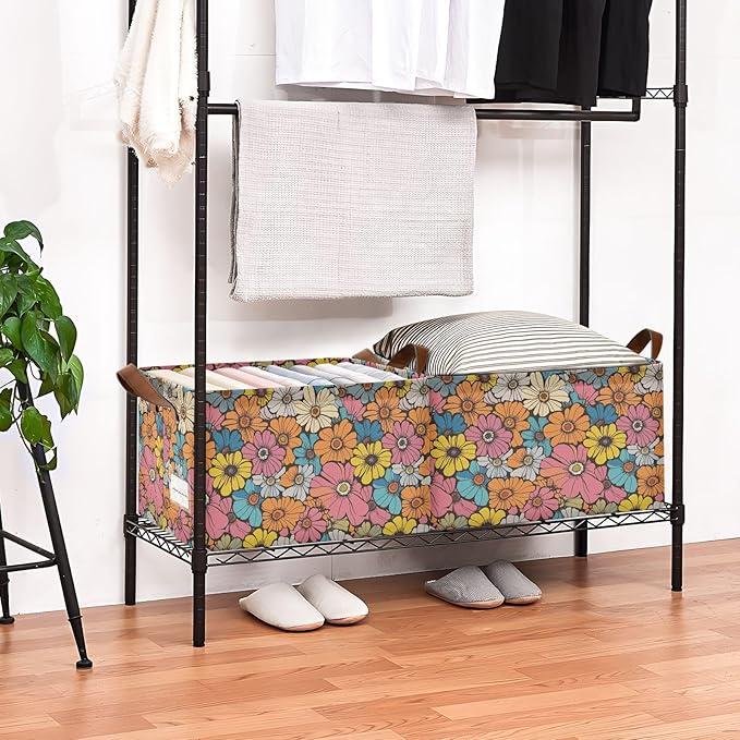 Retro Daisy Flower Storage Bins for Shelves with Labels&Handles Fabric Organizer Bin Vintage Floral Foldable Rectangle Storage Basket Orange Hippie Boxes for Closet, Home, Living Room, Laundry-2 PC