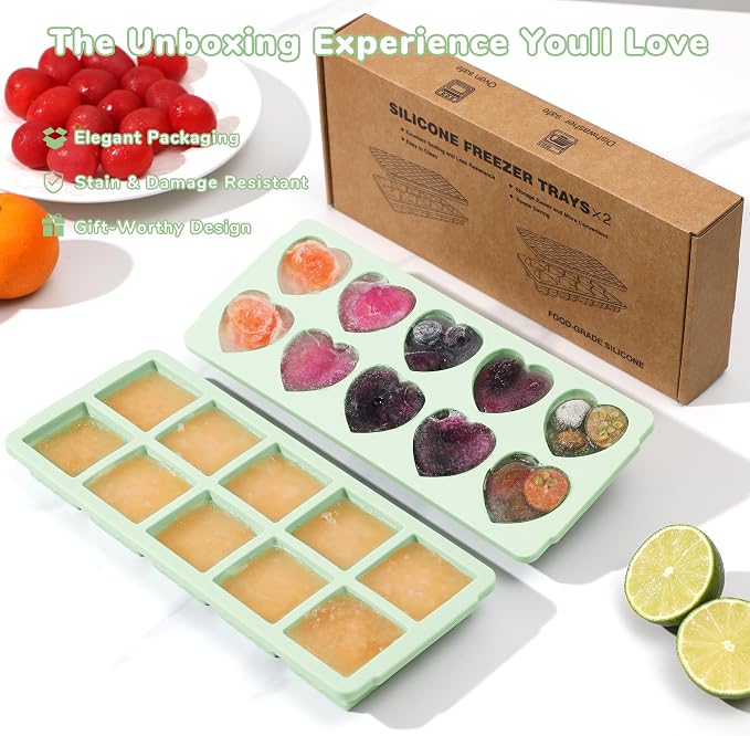 Doasuwish Ice Cube Trays for Freezer with Lids, 2-Tbsp 10-Cube Square & Heart Ice Trays, Covered Ice Molds for Iced Coffee & Cocktails, Freeze 30mL/15mL Portions -2 Pack