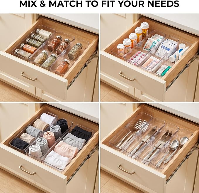 4-Piece Expandable Drawer Organizer Bins | Clear Plastic Adjustable Storage Trays Set for Kitchen Drawers, cutlery silverware,Refrigerator, Cabinet & Pantry