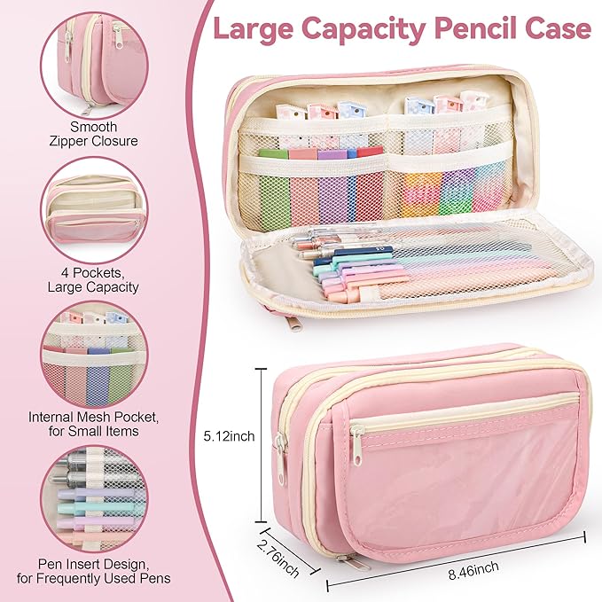 DazSpirit 61 PCS Aesthetic School Supplies with Cute Pencil Case, Pastel No Bleed Highlighters, Gel & Erasable Pens, Mechanical Pencils, Refills, Complete Essentials Stationery Kit for Students (Pink)