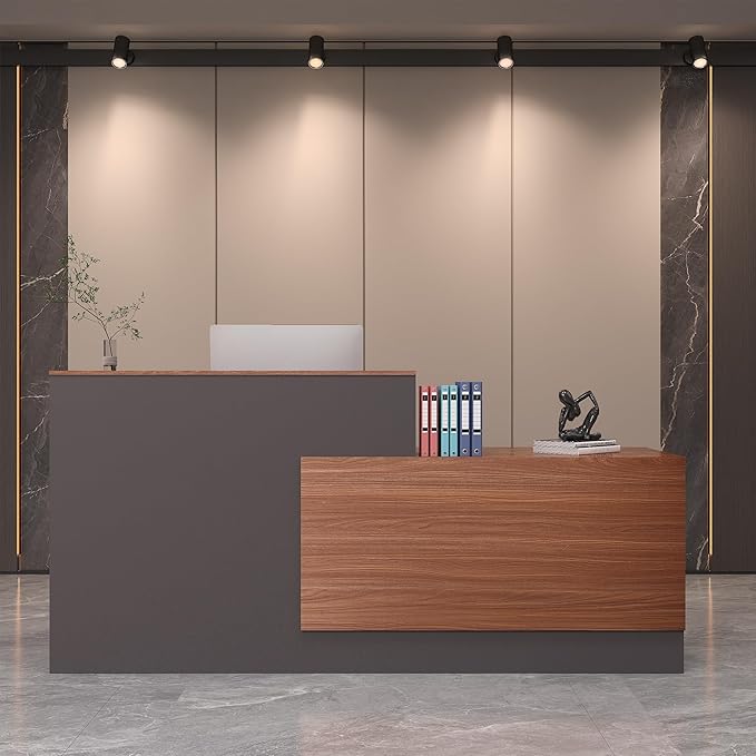 L-Shaped Reception Desk,Large Front Desk with Keyboard Tray, Lockable Drawers & File Cabinet, Receptionist Desk for Checkout,Lobby (Left L-Walnut/Slate Gray, 86.6''L x 23.6''W x 41.3''H)