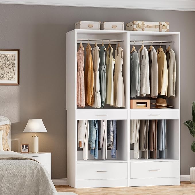 Homieasy Closet System Organizer with Hanging area, Pants Rack & Drawer – Expandable & Sturdy Modular Closet Storage Unit, Customizable Wardrobe Organizer for Bedroom or Walk-In Closet, White