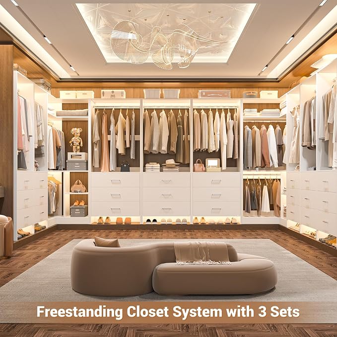 Aheaplus Closet System with 6 Drawers, 4 Hanging Rods & Corner Tower, Corner Closet System with Hanging, 80.9" L-Shaped Walk-In Wardrobe Organizer, 2000+ lbs Capacity, Set of 3, White