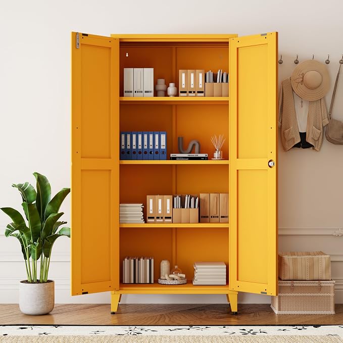 61" Yellow Metal Storage Cabinet and Lock, 2-Door Metal Locker Cabinet with Adjustable Shelves, 4-Tier Steel Storage Locker for Bedroom Living Room Kitchen Home Office Size：61"H X 27.6"W X 13.8"D