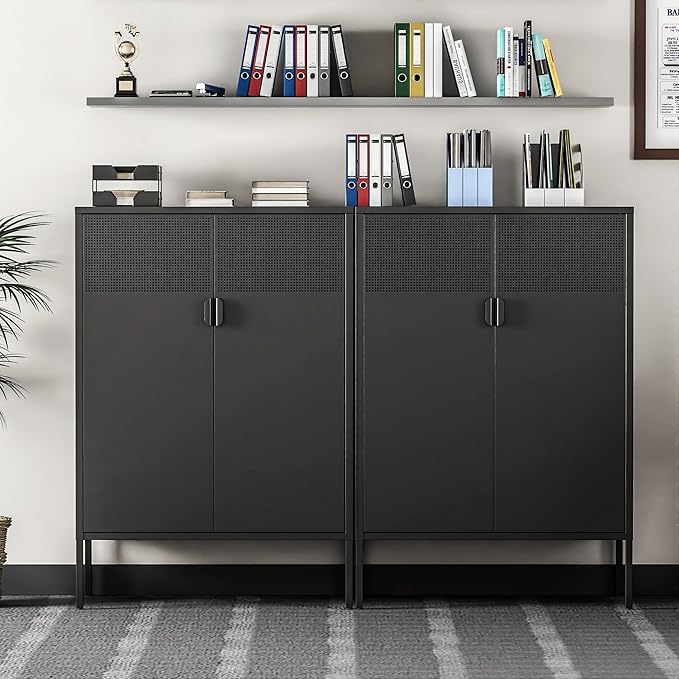Ustamio Black Metal Storage Cabinet, Metal Locker Storage Cabinet with Doors and Shelves, 3 Tier Steel Office Storage Cabinet, Metal Sideboard for Home, Office, Kitchen and Coffee Bar