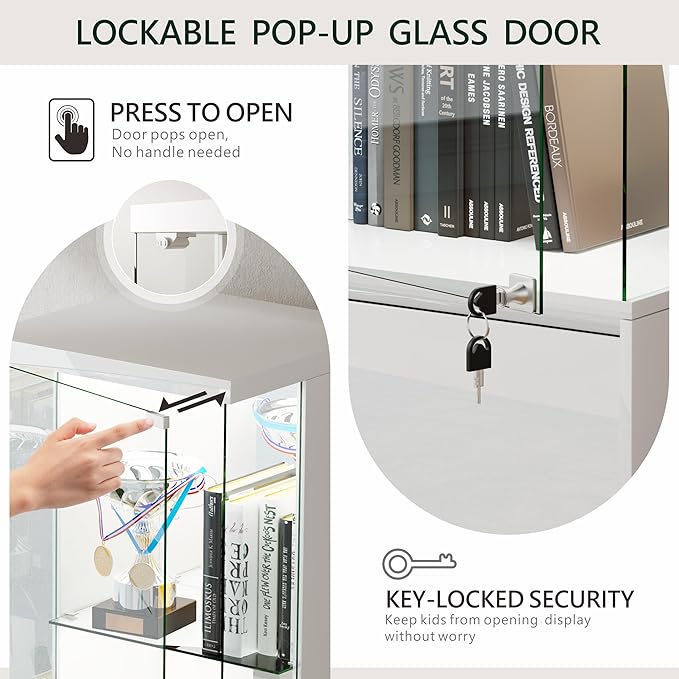 Lvifur Lockable Curio Display Cabinet with Glass Door,65" Lighted Curio Cabinet with 3 Color Lights for Collectibles,3-Tier Glass Display Case with Human Body Sensor for Living Room,White