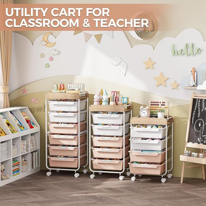 SYKIARIOL Rolling Storage Utility Cart with 4 Drawers,Kids Craft Art Cart,Makeup Organizer and Storage with Wooden Tabletop,Pearl