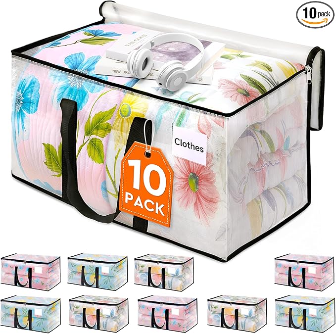 HomeHacks Clear Moving Bags Heavy Duty 10 Pack, Storage Bags with Zipper, Extra Thick Handles & Waterproof Packing Boxes for Moving, Camping, Home Organization 93L/24Gal (28.7"x14.2"x14")