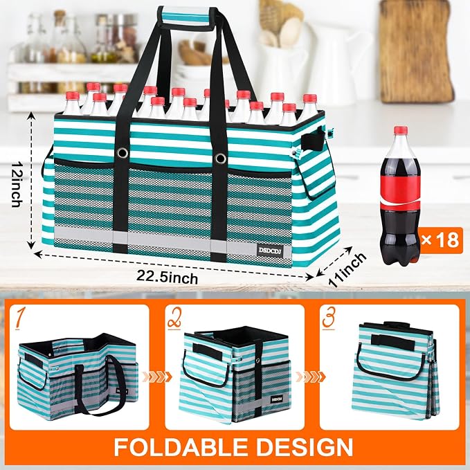 Extra Large Utility Tote Bag with Reflective Strip, Standing Reusable Grocery Bags with Hard Bottom, Collapsible Utility Tote with Handles for Shopping, Beach, Picnics, Car, Striped Green