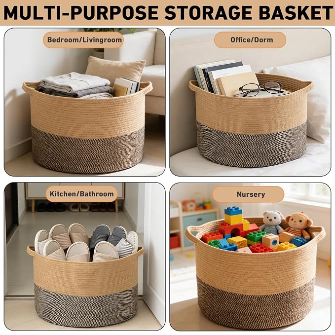 65L Large Blanket Basket,19.7" L x 19.7" W x 13" H Rope Woven Baskets with Handles, Toys Storage Bins,Laundry Basket Perfect for Living Room, Nursery,Bedroom,Home Organization,Jute&Black