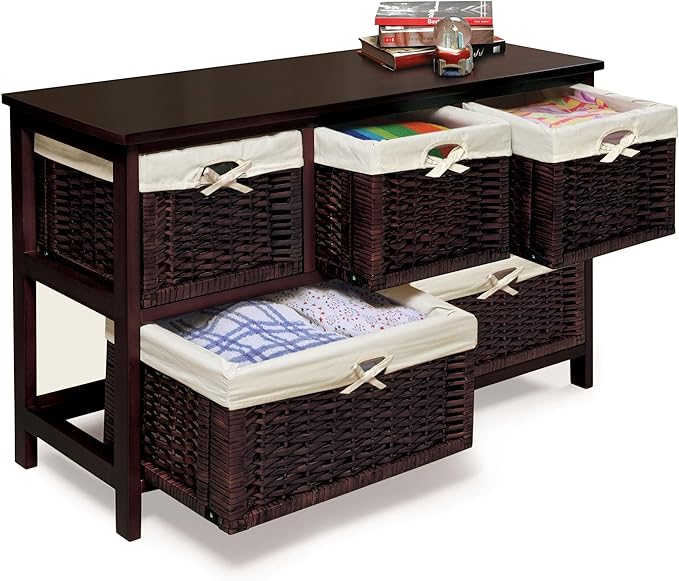 Badger Basket Five-Basket Storage Unit with Wicker Baskets and Washable Liners, Organizer for Toys, Clothes, and Household Items, Sturdy Wooden Frame - Espresso Finish