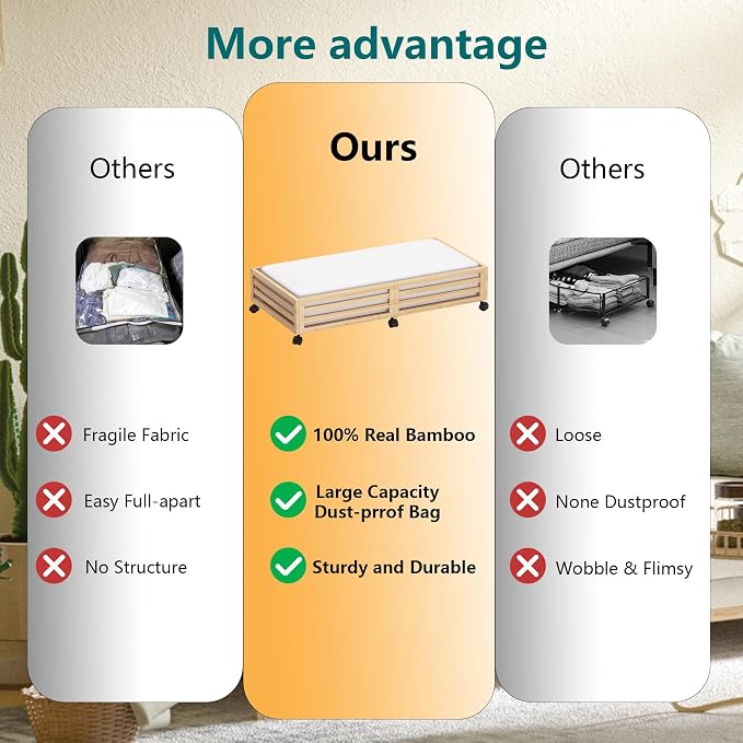 Wisuce 2 Packs Bamboo Under Bed Storage Organizer with Wheels Nature Large | 360° Lockable Wheels,120lbs Load Capacity, Multi-scene ,Dustproof Clear Storage Bag, Large Capacity,Easy Quick Assembly