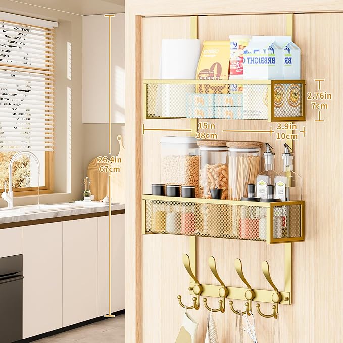 Kaiferty Over The Door Hooks Organizer,Coat Rack with 12 Hooks and 2 Mesh Baskets,Back of Door Storage Organizer for Bathroom,Bedroom,Kitchen,Office (Gold)