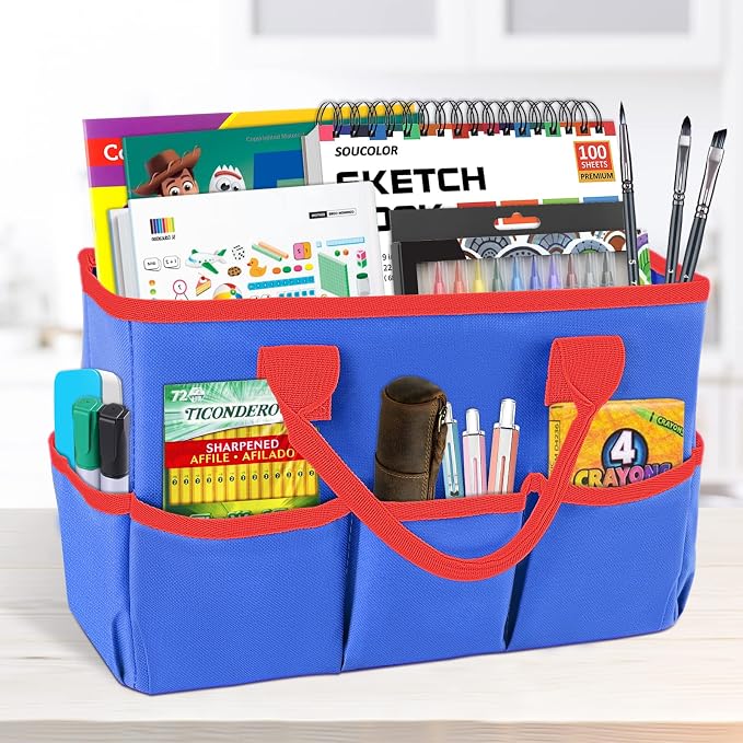 Desktop Tote and Organizer, Teacher Helper Bag for Arts, Books, Stationery, Office Desk, Make-up Storage with Handles for Travel (Blue)