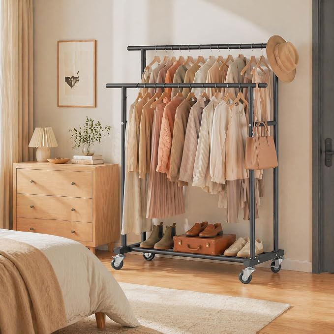 Calmootey Rolling Garment Rack with 2 Rods, Clothes Organizer for Bedroom | High-Low Rods, Two Lockable Wheels, Sturdy Metal Frame, Space-Saving, Fits Laundry, Living Room, Black