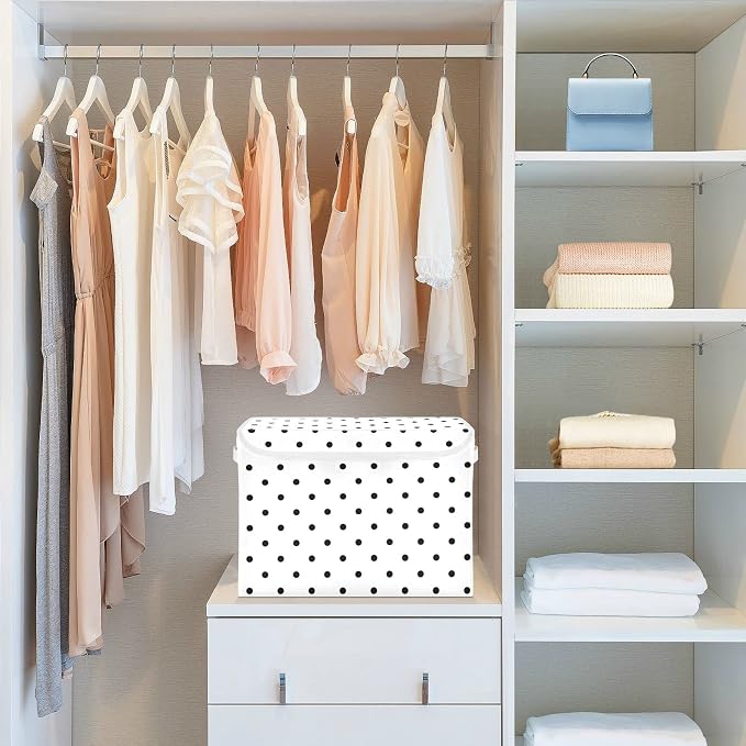 CaTaKu Large Fabric Storage Bins With Lids, White Polka Dot Storage Boxes With Handles for Organizing Clothes, Collapsible Storage Cube Bins Baskets for Shelves