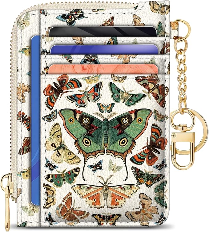 GIANCOMICS Slim Wallet Credit Card Holder Women, Butterfly Rfid Blocking Small Card Case, Keychain Thin Pocket Curved Zipper Wallet, Travel Card Holder PU Leather ID Window, Ladies Female Gifts