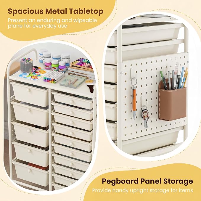 DREAMADE 15-Drawer Rolling Storage Cart, Craft Organizer Cart, White | Mobile Utility Cart with Metal Pegboard Panels, Tabletop and Lockable Wheels for Classroom, Office, Studio and Playroom