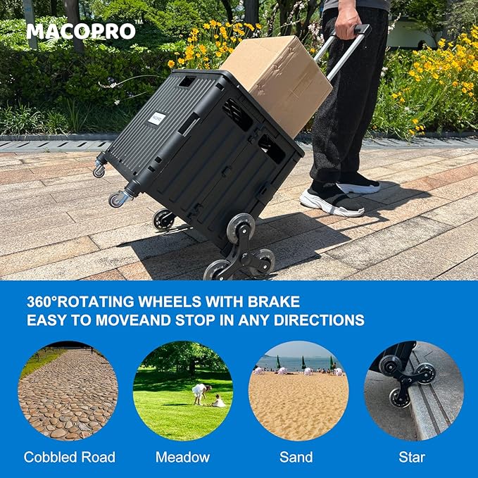 MACOPRO Foldable Utility Cart with Stair Climbing Wheels, Collapsible Rolling Crate with Telescoping Handle, Folding Shopping Trolley Handcart Grocery Book File Tool Teacher Storage Basket (Black)