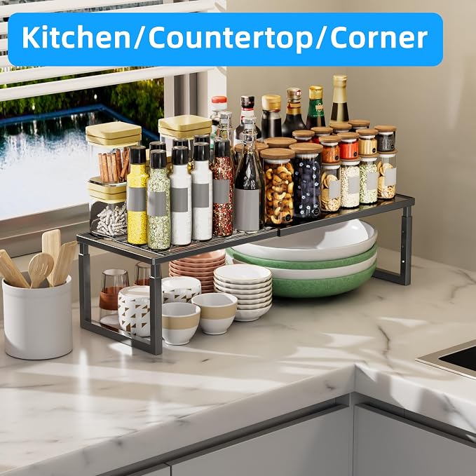 Cabinet Shelf, 2 Pack Expandable Shelf for Kitchen Storage | Stackable & Height Adjustable Cabinet Organizer Shelf | Metal Shelf Organizer | Black Spice Rack for Pantry Storage