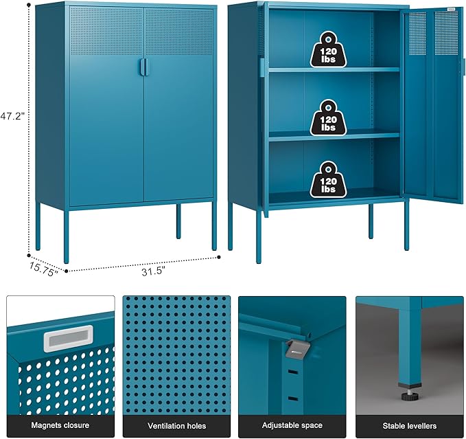 Ustamio Blue Metal Storage Cabinet - 3 Tier Steel Office Storage Cabinet with Doors and Shelves for Home, Office and Kitchen