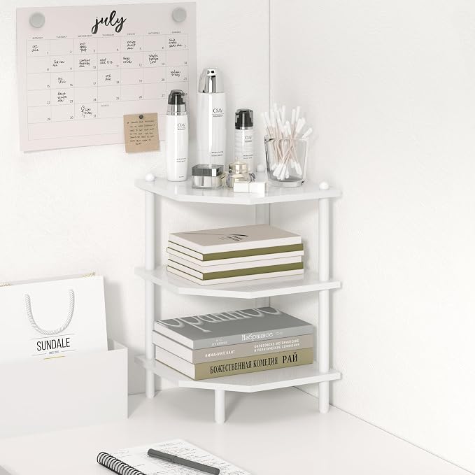 Corner Shelf Stand for Desk - 90° Corner Design to Free Up Desktop | Easy to Assemble 3-Tier Vertical Storage 15 lb Per Shelf 6.7 in Clearance for Books Coffee Mugs Supplies on Office Desks