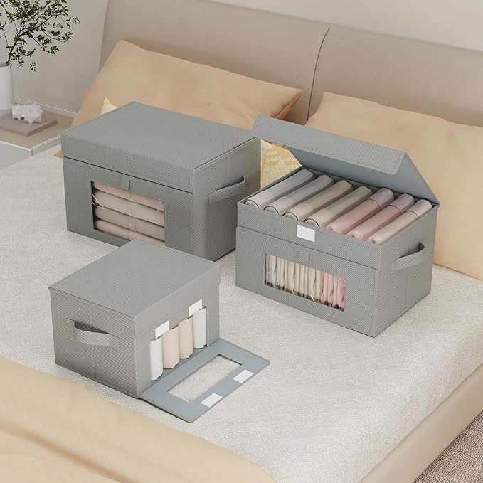 Storage Bins with Lids, Cube Organizer Basket with Window, Closet Boxes with Carrying 2 Handles and Sturdy PP Support Plate, 2 Pack, Grey, 15 x 9.8 x 9.8 In, XSNY17GL-2