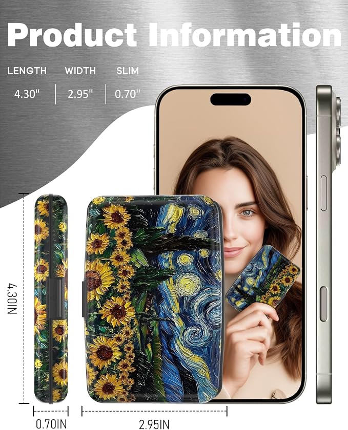 Maicican Credit Card Holder, Mini RFID Blocking Aluminum Wallet | Slim Metal Hard Case Travel Wallet ID Case for Women and Men, 4.3 x 2.9 Inches, Starry Sky Sunflowers