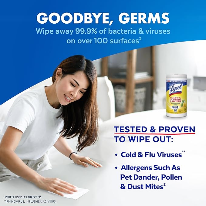 Lysol Disinfecting Wipes, Cleaner, Lemon + Mango + Linen, 80 ct. (4 Pack) | All Purpose Cleaner, Sanitizing, Deodorizing, Apartment Essentials, Back To School Cleaning Supplies, Kitchen & Bathroom Wipe