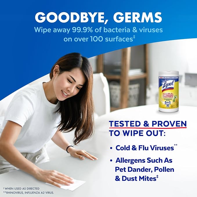 Lysol Disinfecting Wipes, Multi-Surface Cleaner, Lemon, 80 ct. (3 Pack) | All Purpose Cleaner, Sanitizing, Deodorizing, Apartment Essentials, Back To School Cleaning Supplies, Kitchen & Bathroom Wipe