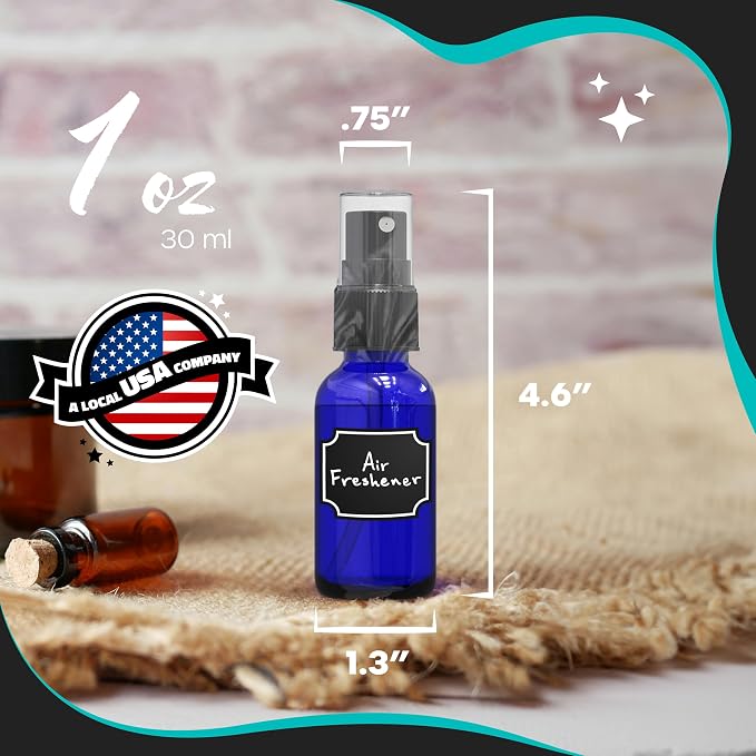 Nevlers 1 Oz Blue Glass Spray Bottles for Cleaning & Refreshment 24 Pack | Small Spray Bottle Travel Size Set w/ Shrink Wrap, Funnel, Brush, Marker & Labels | Perfume Travel Refillable Containers