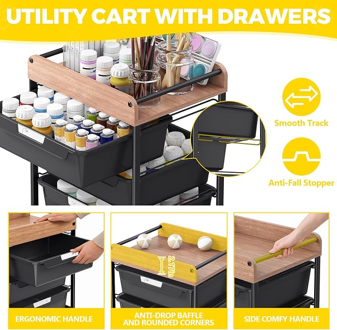 SYKIARIOL Utility Cart with 6 Labeling Drawers and Wooden Tabletop – Rolling Storage Cart for Crafters, Artists, Kids, Teachers, and Students – Organize Arts, Crafts, Sewing & Study Supplies